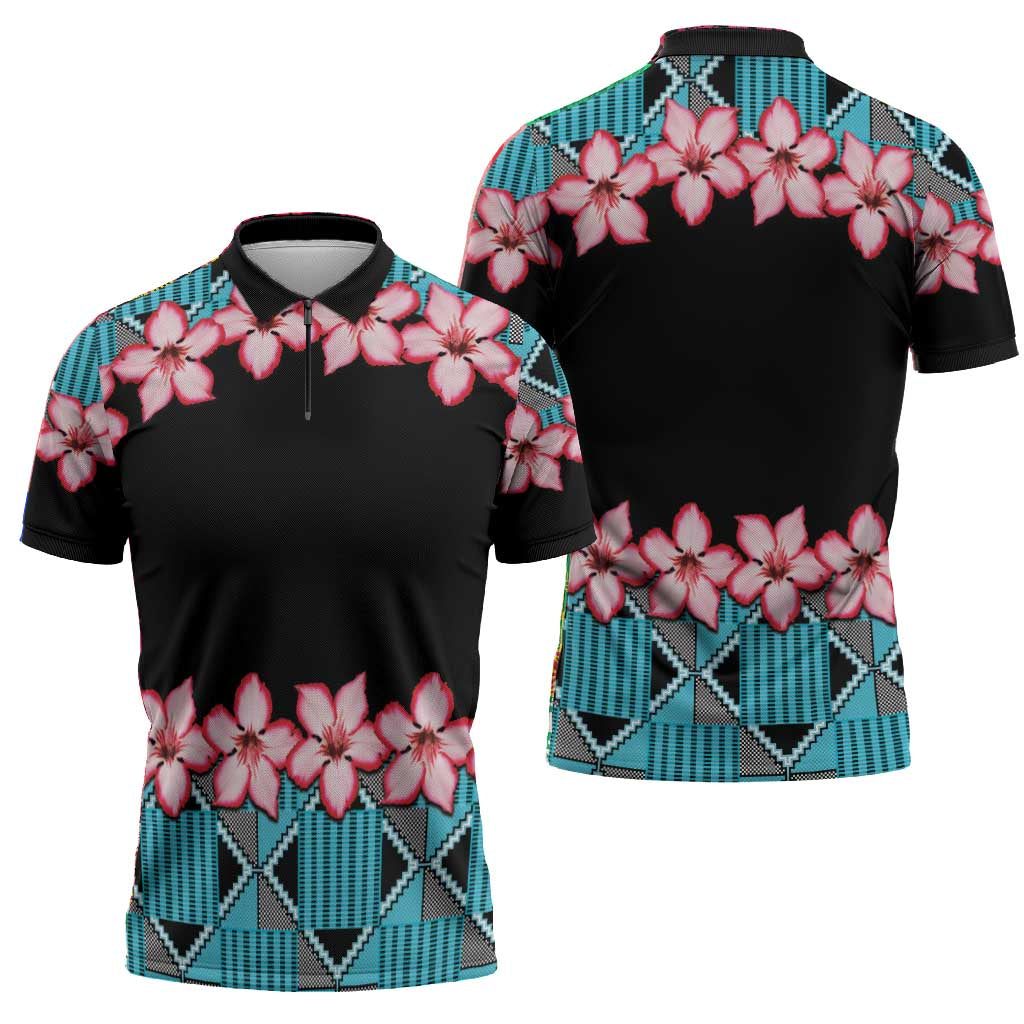 African Adenium Multiflorum Flowers Zipper Polo Shirt with Kente Style