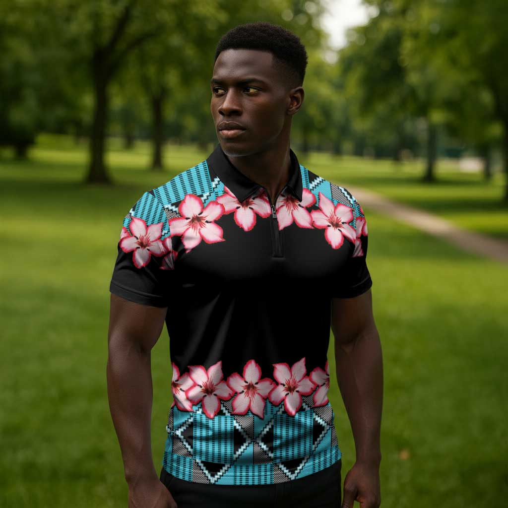 African Adenium Multiflorum Flowers Zipper Polo Shirt with Kente Style