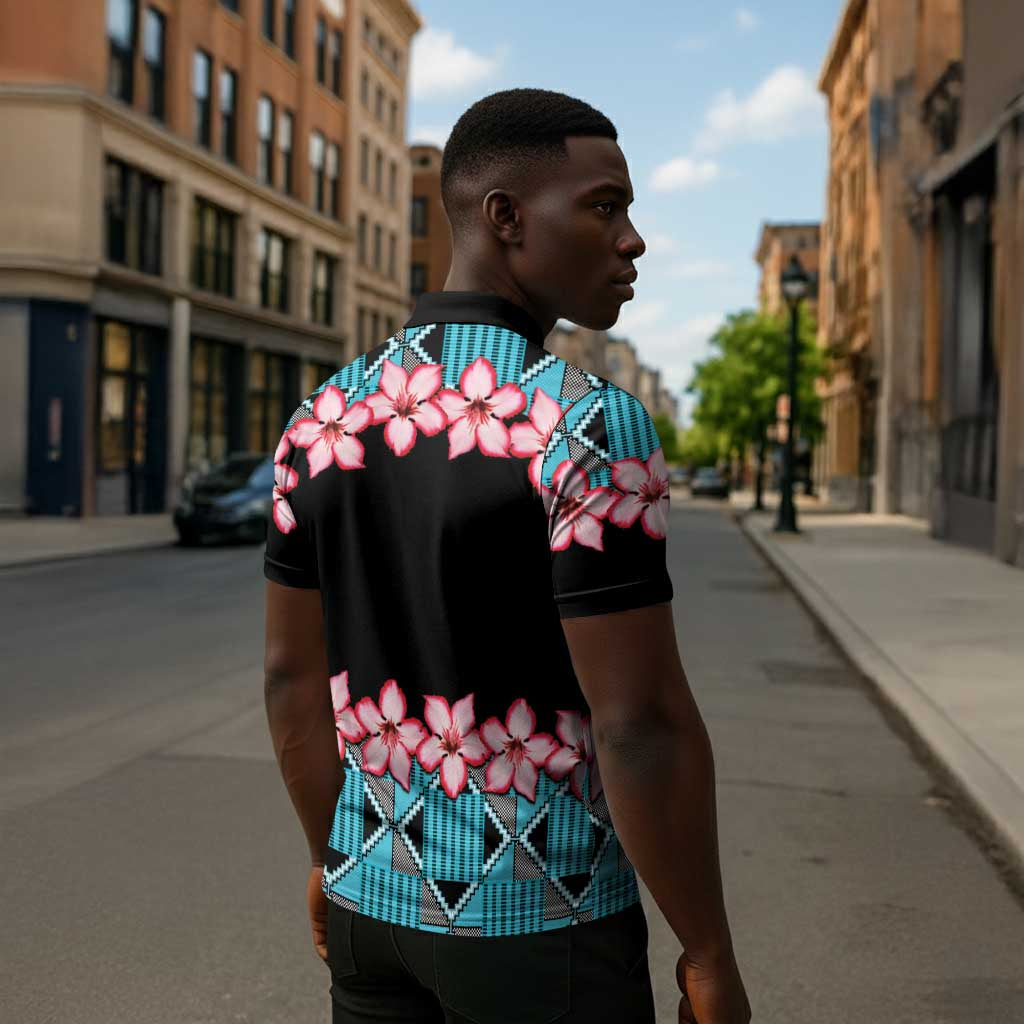 African Adenium Multiflorum Flowers Zipper Polo Shirt with Kente Style