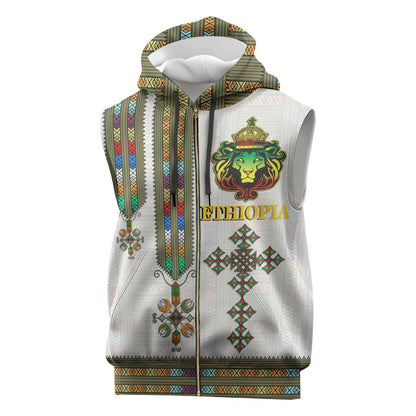 Personalized Ethiopia Lion Of Judah Sleeveless Zip Hoodie Tibeb Style - African Pride