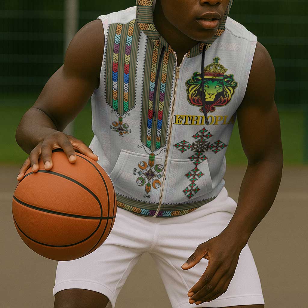 Personalized Ethiopia Lion Of Judah Sleeveless Zip Hoodie Tibeb Style - African Pride