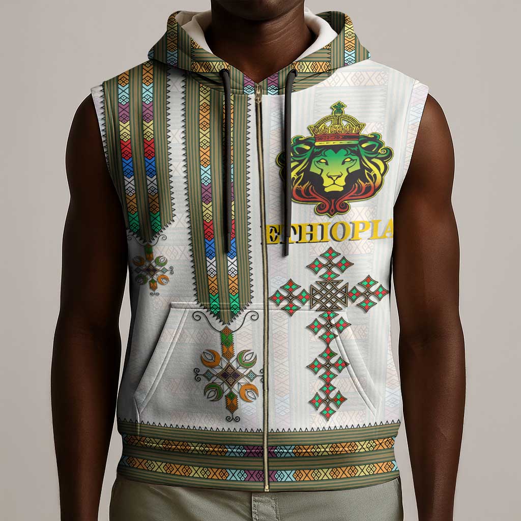 Personalized Ethiopia Lion Of Judah Sleeveless Zip Hoodie Tibeb Style - African Pride
