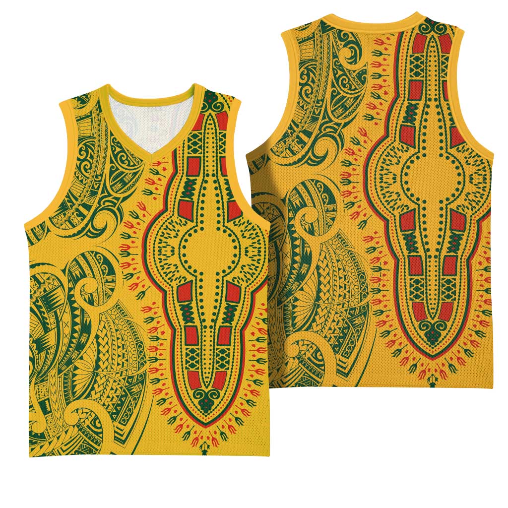 Dashiki and Polynesian Pattern Basketball Jersey Afro Pacific Culture Gold Version - African Pride