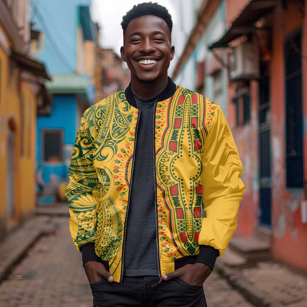 Dashiki and Polynesian Pattern Bomber Jacket Afro Pacific Culture Gold Version