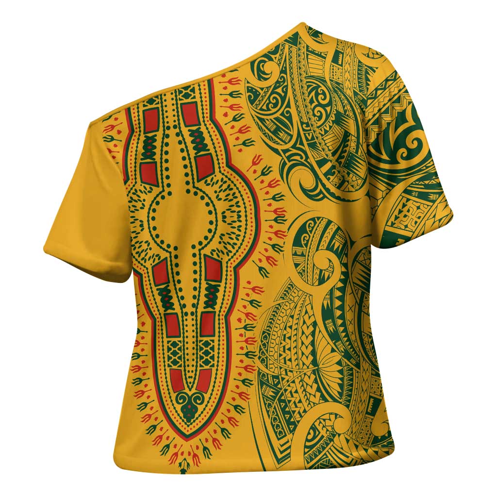 Dashiki and Polynesian Pattern Cross Shoulder Shirt Afro Pacific Culture Gold Version