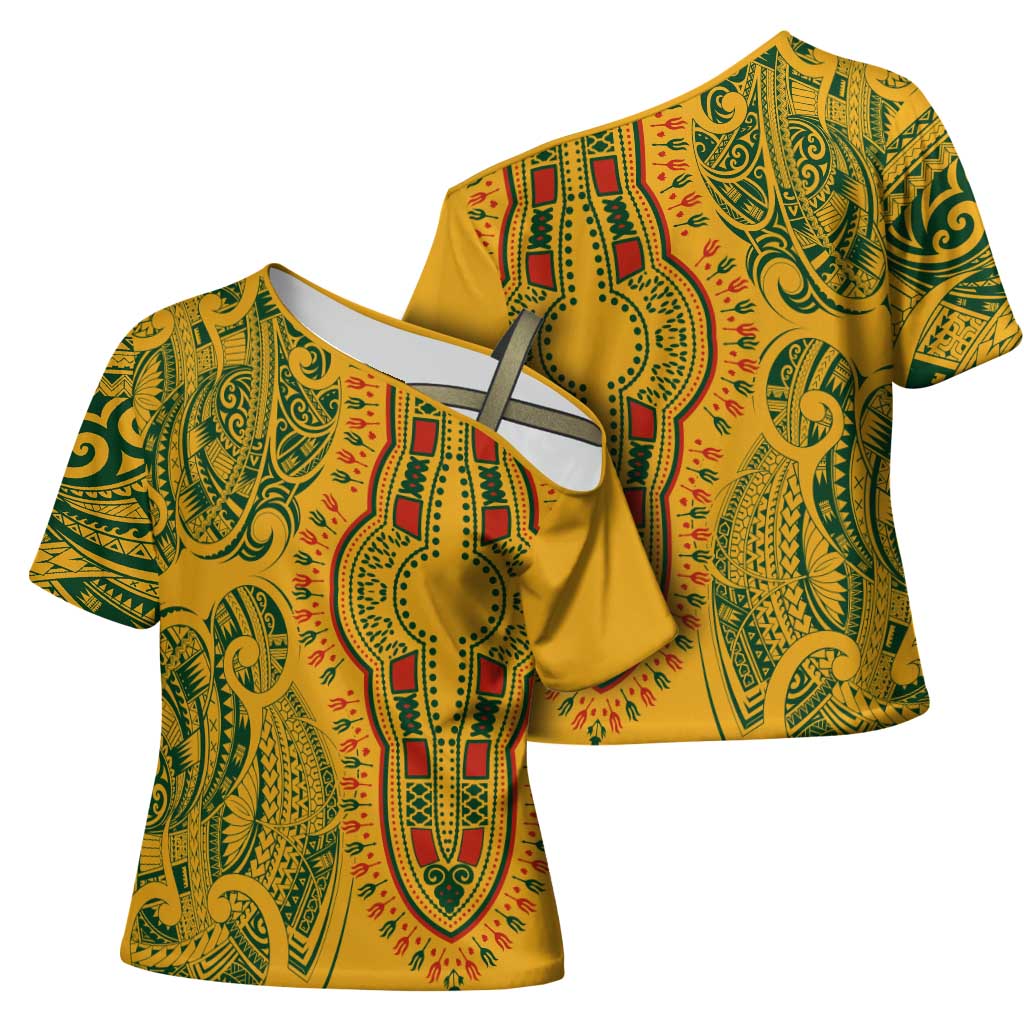 Dashiki and Polynesian Pattern Cross Shoulder Shirt Afro Pacific Culture Gold Version