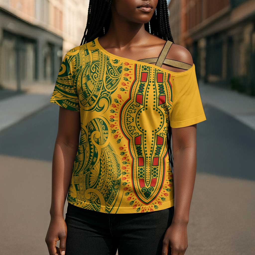 Dashiki and Polynesian Pattern Cross Shoulder Shirt Afro Pacific Culture Gold Version