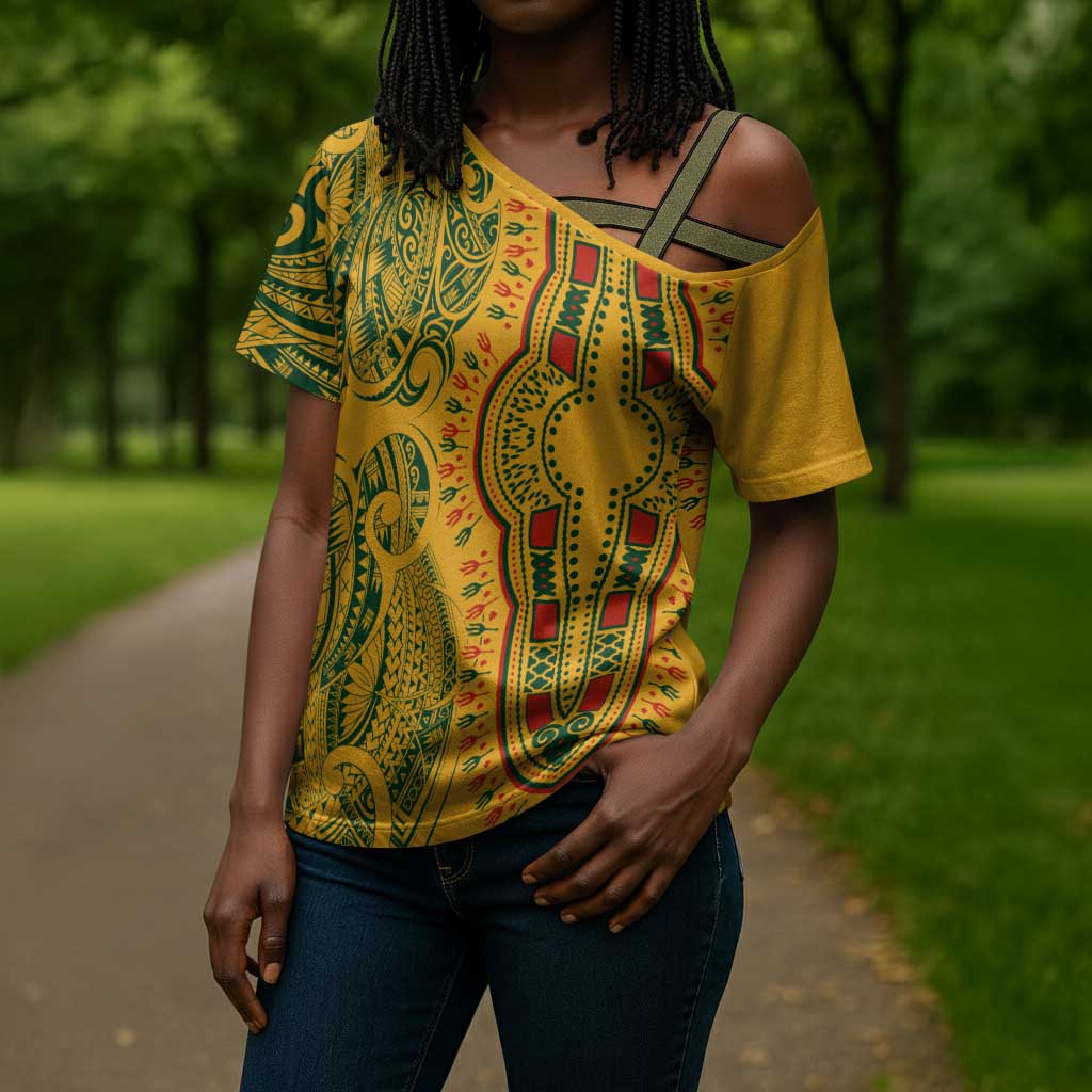 Dashiki and Polynesian Pattern Cross Shoulder Shirt Afro Pacific Culture Gold Version