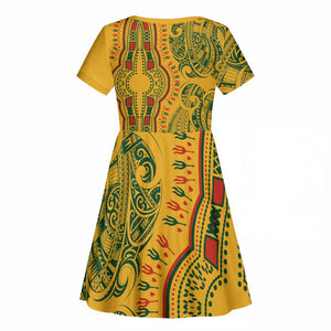 Dashiki and Polynesian Pattern Kid Short Sleeve Dress Afro Pacific Culture Gold Version