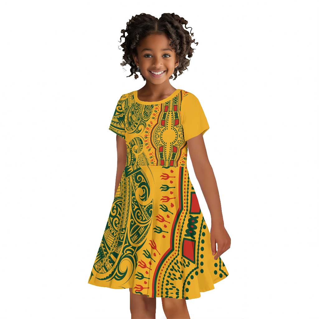 Dashiki and Polynesian Pattern Kid Short Sleeve Dress Afro Pacific Culture Gold Version