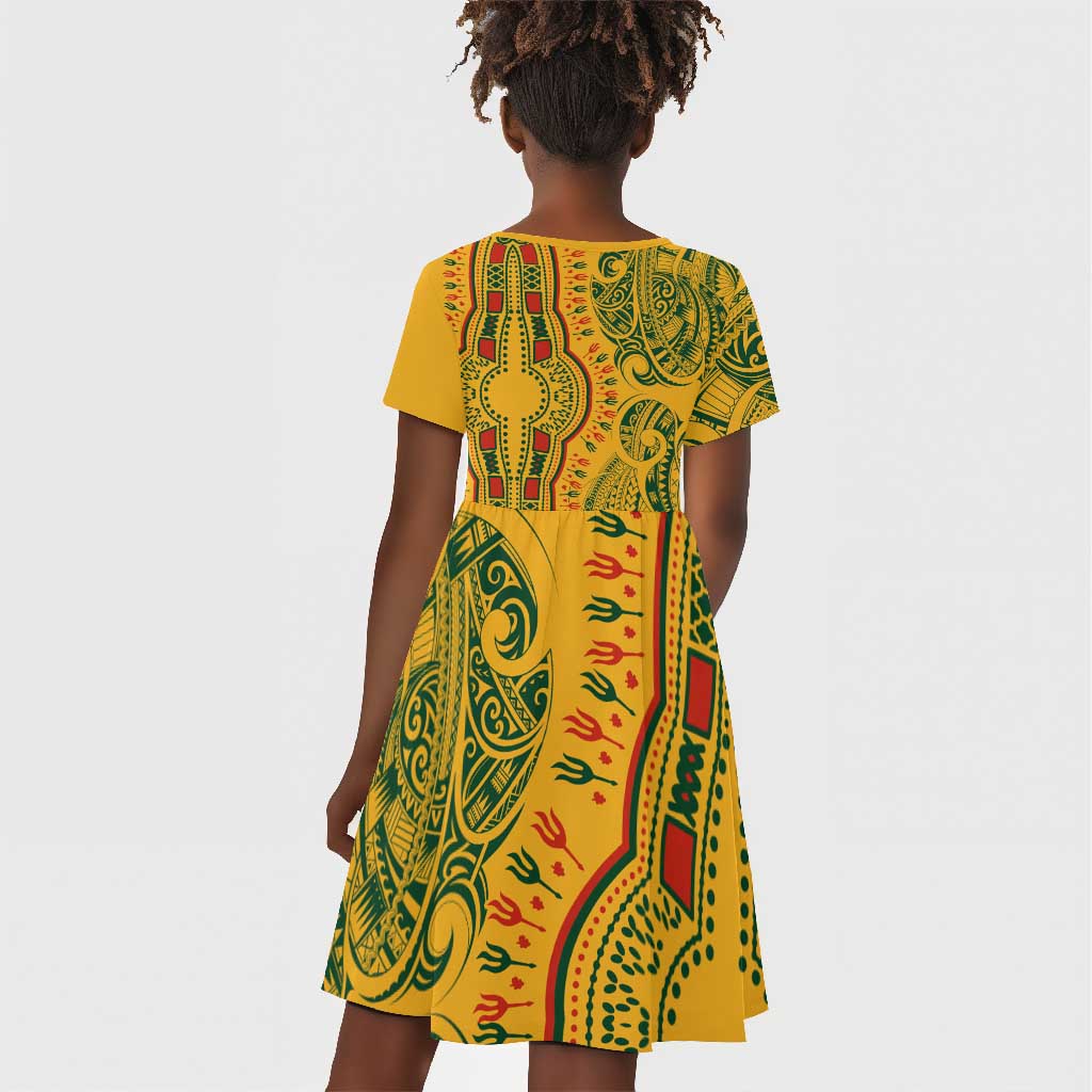 Dashiki and Polynesian Pattern Kid Short Sleeve Dress Afro Pacific Culture Gold Version