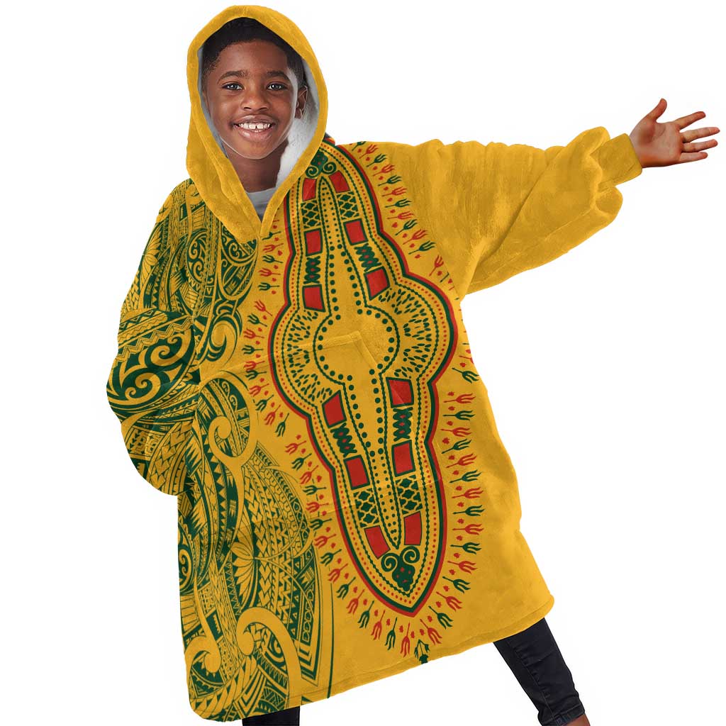 Dashiki and Polynesian Pattern Kid Wearable Blanket Hoodie Afro Pacific Culture Gold Version