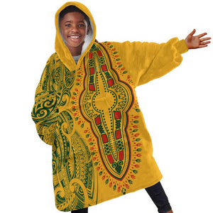 Dashiki and Polynesian Pattern Kid Wearable Blanket Hoodie Afro Pacific Culture Gold Version