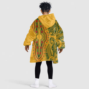 Dashiki and Polynesian Pattern Kid Wearable Blanket Hoodie Afro Pacific Culture Gold Version