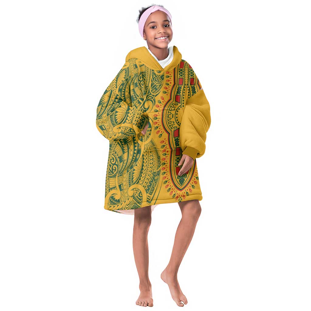 Dashiki and Polynesian Pattern Kid Wearable Blanket Hoodie Afro Pacific Culture Gold Version