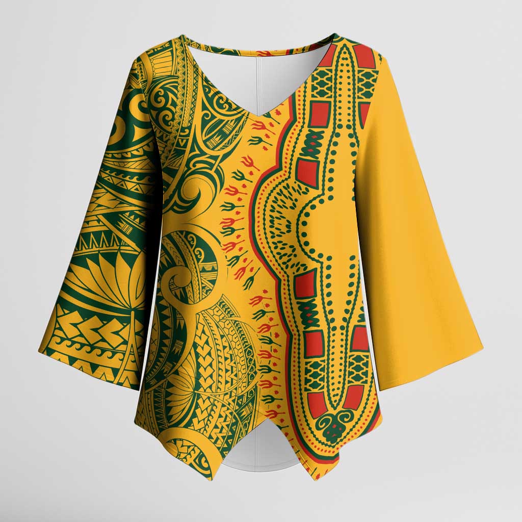 Dashiki and Polynesian Pattern Kimono Sleeve Blouse Afro Pacific Culture Gold Version