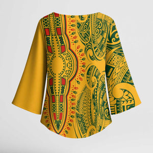 Dashiki and Polynesian Pattern Kimono Sleeve Blouse Afro Pacific Culture Gold Version