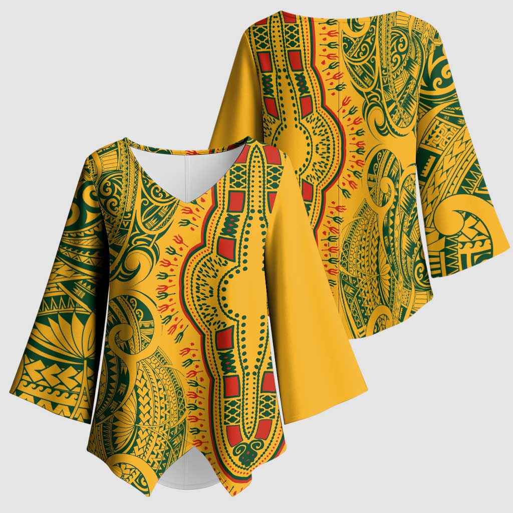 Dashiki and Polynesian Pattern Kimono Sleeve Blouse Afro Pacific Culture Gold Version