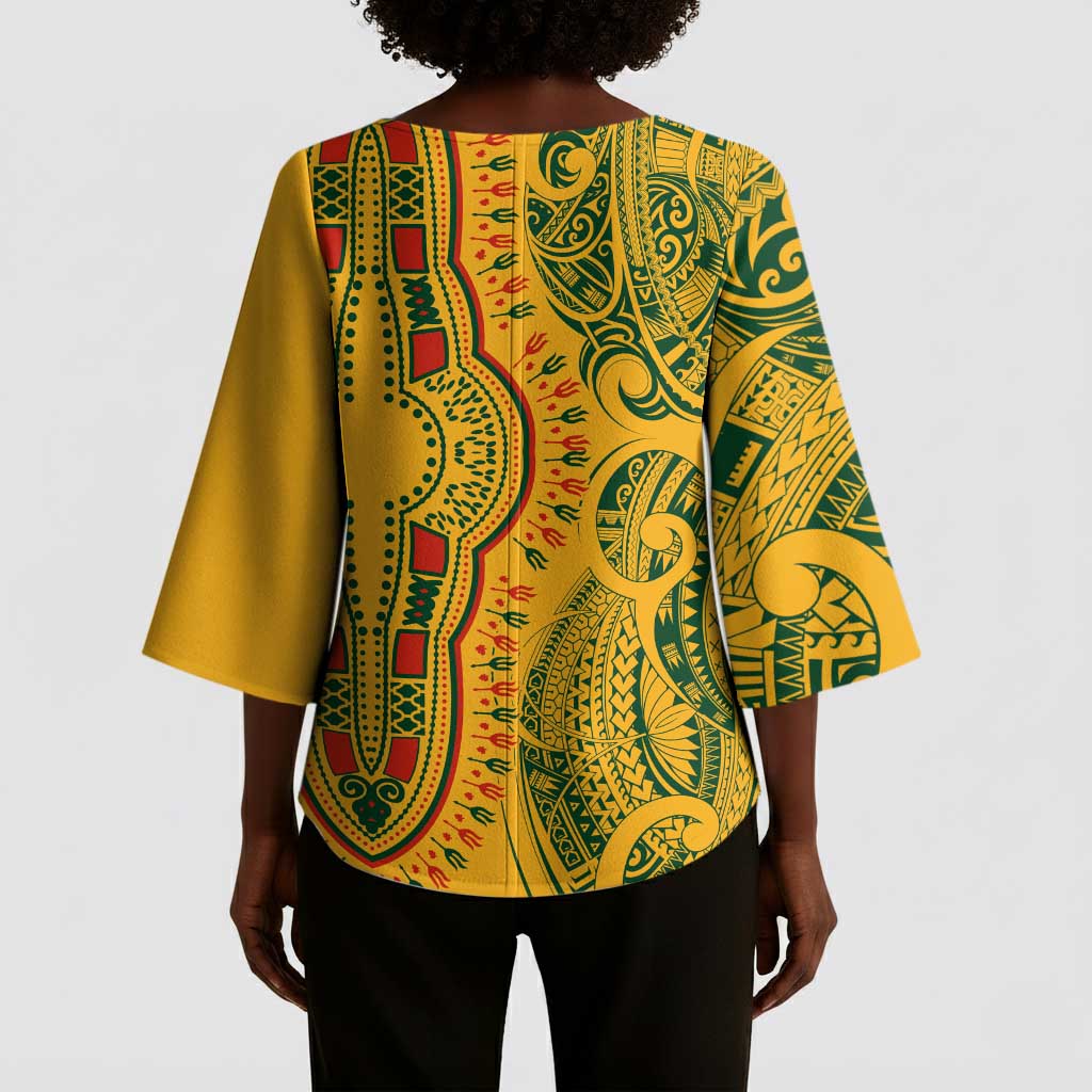 Dashiki and Polynesian Pattern Kimono Sleeve Blouse Afro Pacific Culture Gold Version