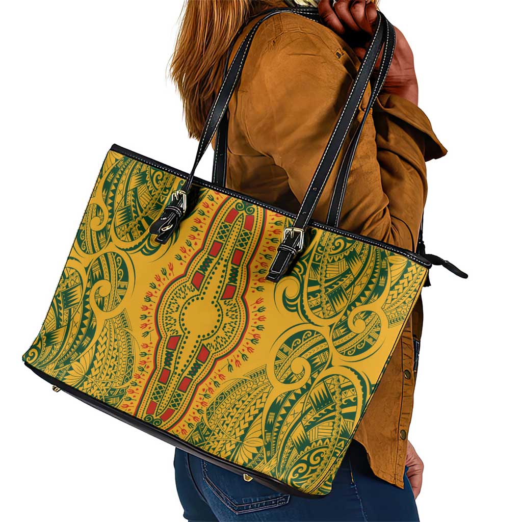 Dashiki and Polynesian Pattern Leather Tote Bag Afro Pacific Culture Gold Version