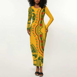 Dashiki and Polynesian Pattern Long Sleeve Bodycon Dress Afro Pacific Culture Gold Version LT9