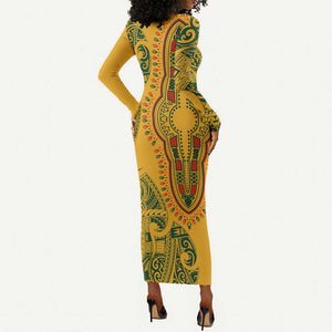 Dashiki and Polynesian Pattern Long Sleeve Bodycon Dress Afro Pacific Culture Gold Version LT9