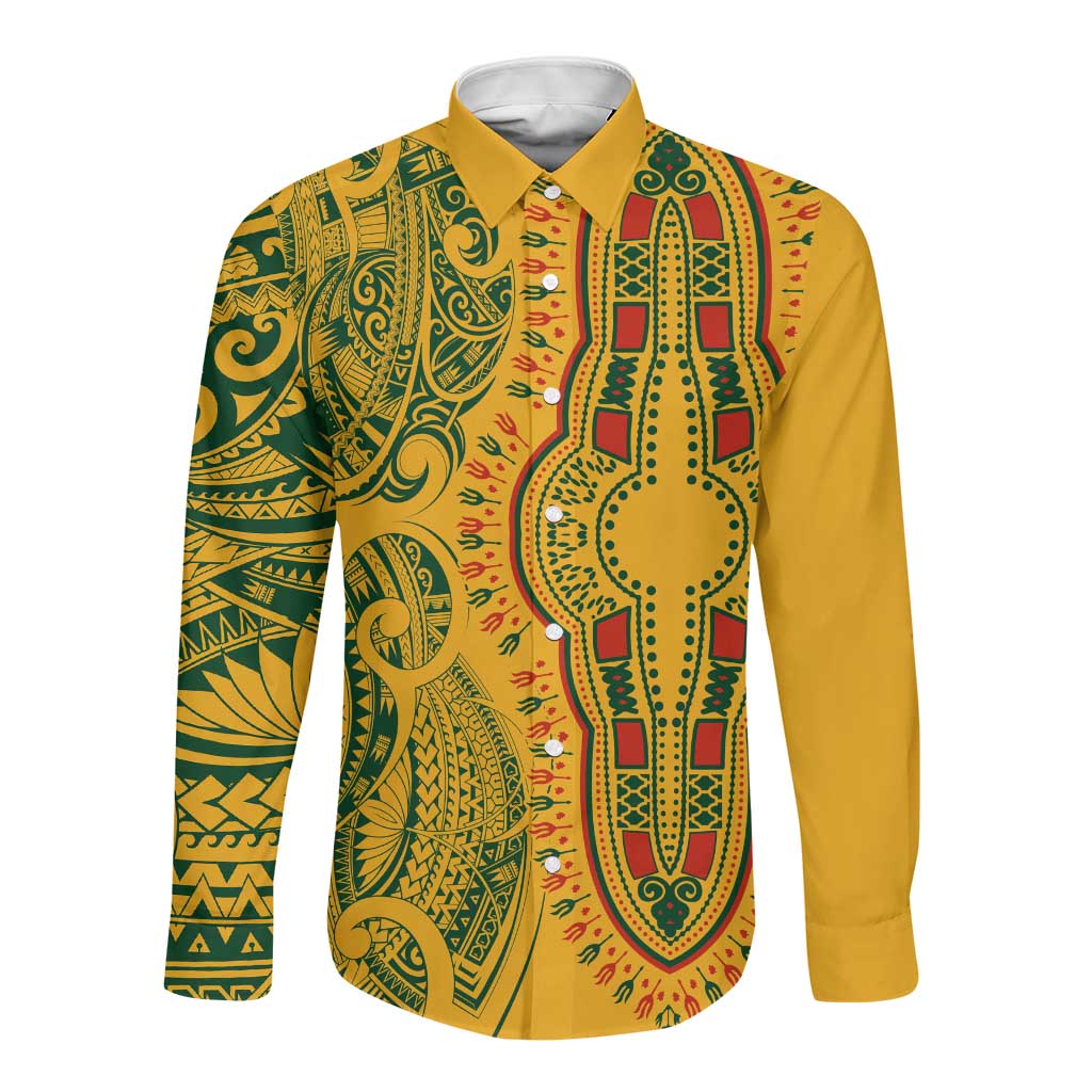 Dashiki and Polynesian Pattern Long Sleeve Button Shirt Afro Pacific Culture Gold Version