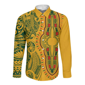 Dashiki and Polynesian Pattern Long Sleeve Button Shirt Afro Pacific Culture Gold Version