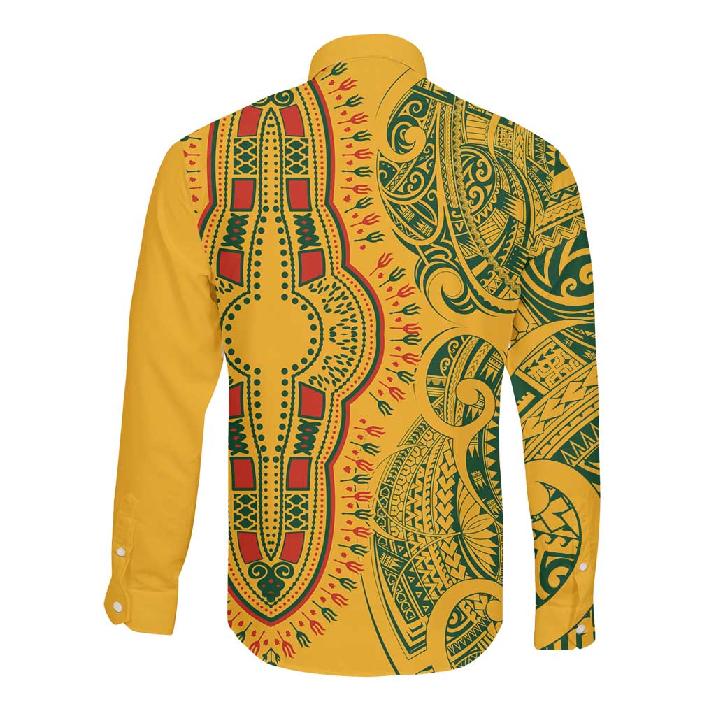 Dashiki and Polynesian Pattern Long Sleeve Button Shirt Afro Pacific Culture Gold Version