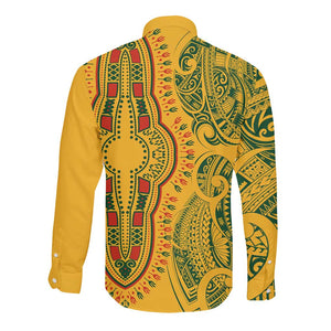 Dashiki and Polynesian Pattern Long Sleeve Button Shirt Afro Pacific Culture Gold Version