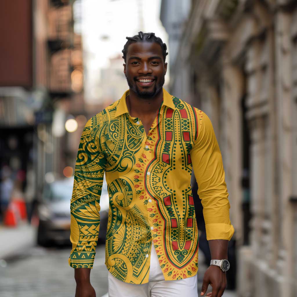 Dashiki and Polynesian Pattern Long Sleeve Button Shirt Afro Pacific Culture Gold Version