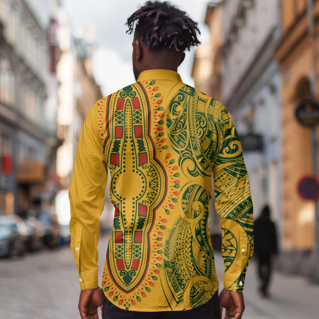 Dashiki and Polynesian Pattern Long Sleeve Button Shirt Afro Pacific Culture Gold Version