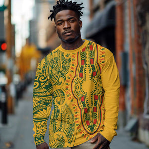 Dashiki and Polynesian Pattern Long Sleeve Shirt Afro Pacific Culture Gold Version