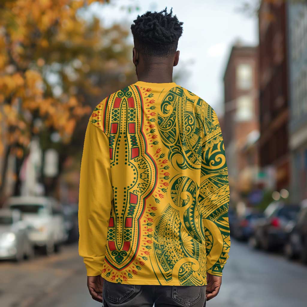 Dashiki and Polynesian Pattern Long Sleeve Shirt Afro Pacific Culture Gold Version
