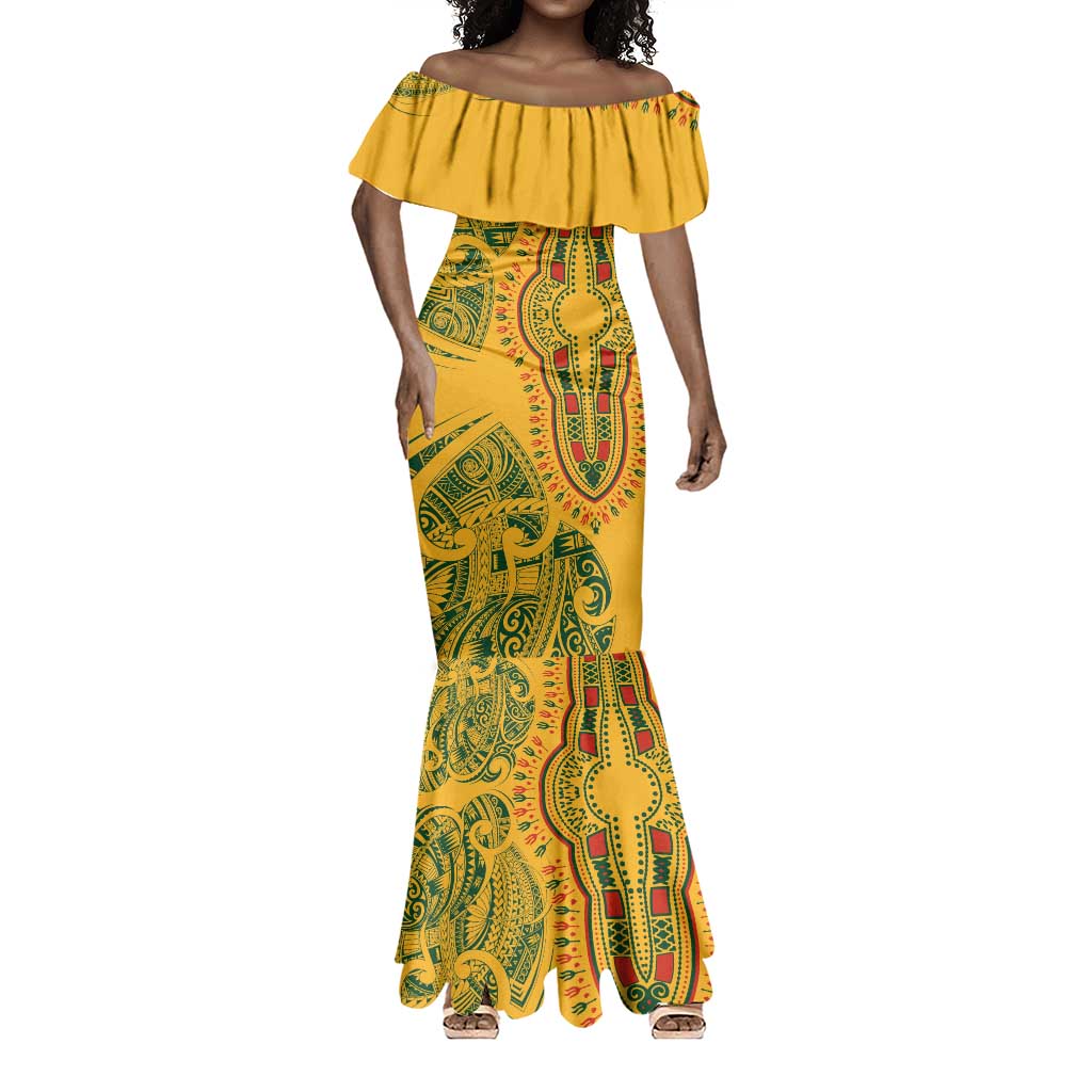 Dashiki and Polynesian Pattern Mermaid Dress Afro Pacific Culture Gold Version