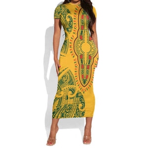 Dashiki and Polynesian Pattern Short Sleeve Bodycon Dress Afro Pacific Culture Gold Version LT9