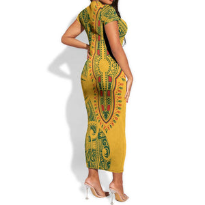 Dashiki and Polynesian Pattern Short Sleeve Bodycon Dress Afro Pacific Culture Gold Version LT9