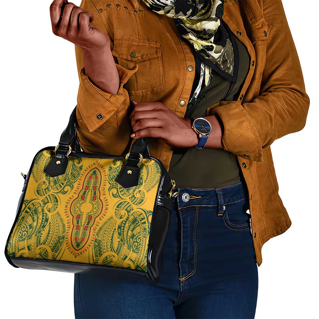 Dashiki and Polynesian Pattern Shoulder Handbag Afro Pacific Culture Gold Version