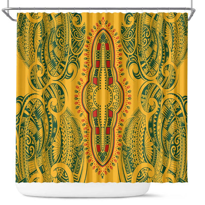 Dashiki and Polynesian Pattern Shower Curtain Afro Pacific Culture Gold Version