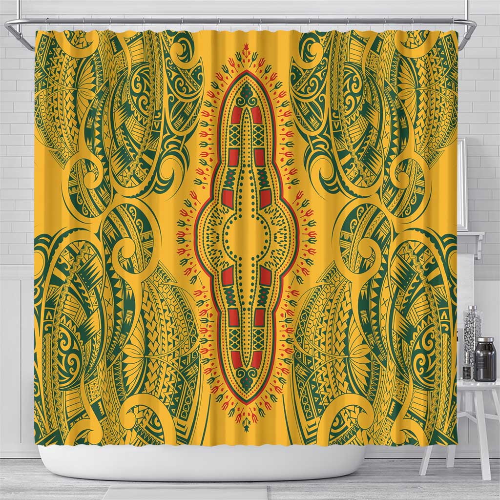 Dashiki and Polynesian Pattern Shower Curtain Afro Pacific Culture Gold Version