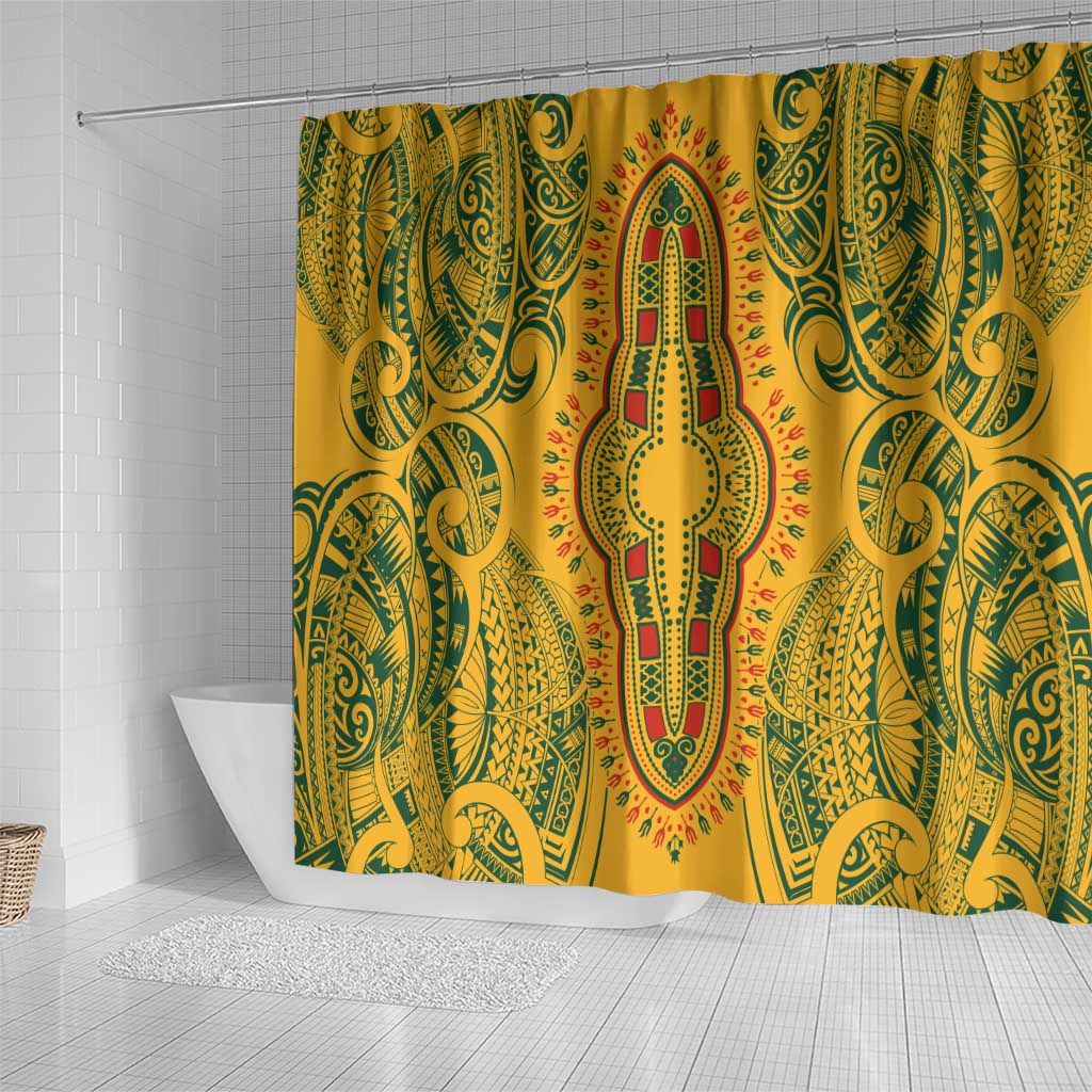 Dashiki and Polynesian Pattern Shower Curtain Afro Pacific Culture Gold Version