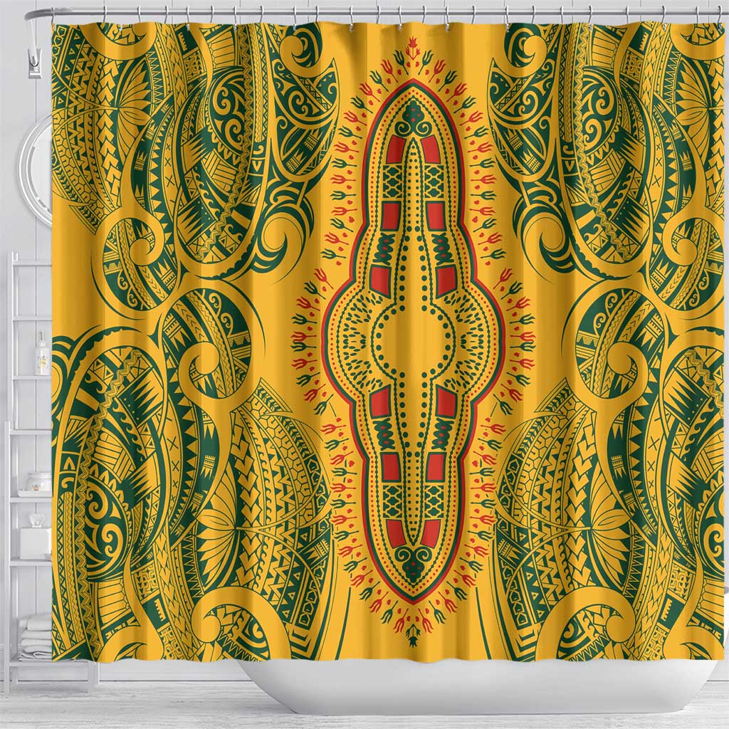 Dashiki and Polynesian Pattern Shower Curtain Afro Pacific Culture Gold Version