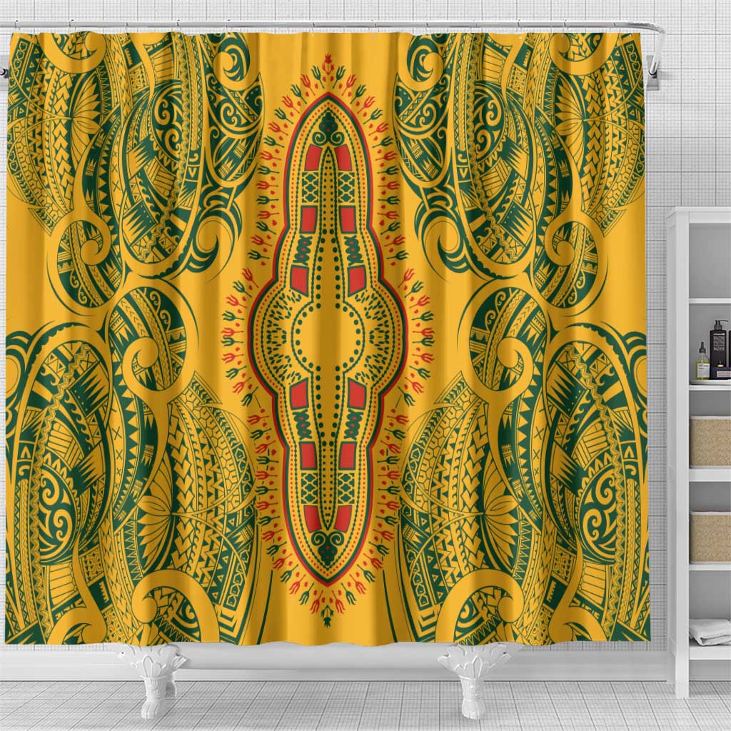 Dashiki and Polynesian Pattern Shower Curtain Afro Pacific Culture Gold Version