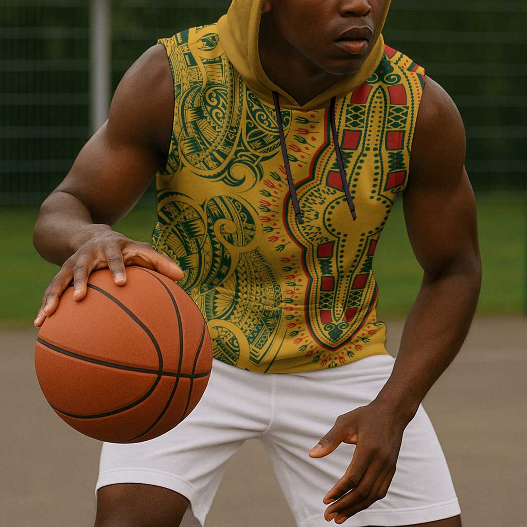 Dashiki and Polynesian Pattern Sleeveless Hoodie Afro Pacific Culture Gold Version - African Pride