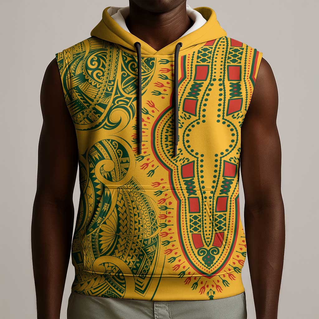 Dashiki and Polynesian Pattern Sleeveless Hoodie Afro Pacific Culture Gold Version - African Pride