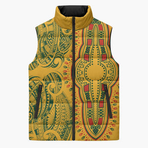 Dashiki and Polynesian Pattern Sleeveless Puffer Jacket Afro Pacific Culture Gold Version