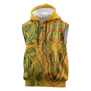 Dashiki and Polynesian Pattern Sleeveless Zip Hoodie Afro Pacific Culture Gold Version - African Pride
