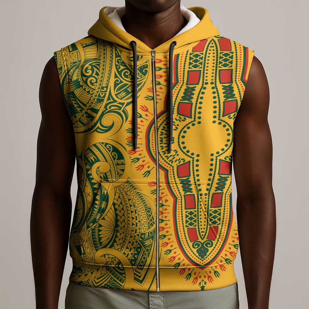 Dashiki and Polynesian Pattern Sleeveless Zip Hoodie Afro Pacific Culture Gold Version - African Pride