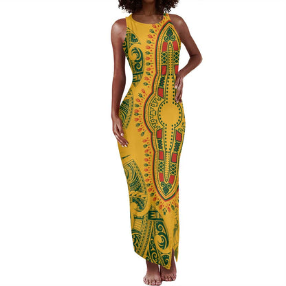 Dashiki and Polynesian Pattern Tank Maxi Dress Afro Pacific Culture Gold Version