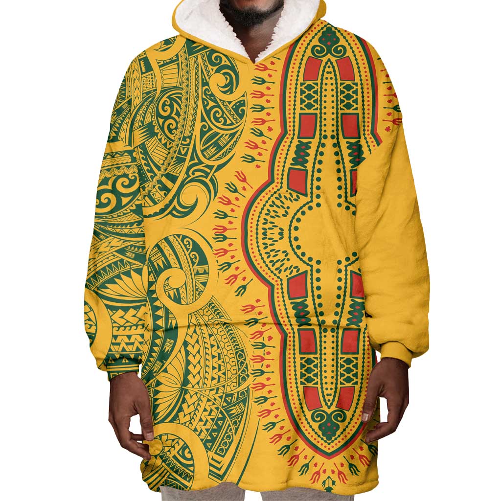 Dashiki and Polynesian Pattern Wearable Blanket Hoodie Afro Pacific Culture Gold Version